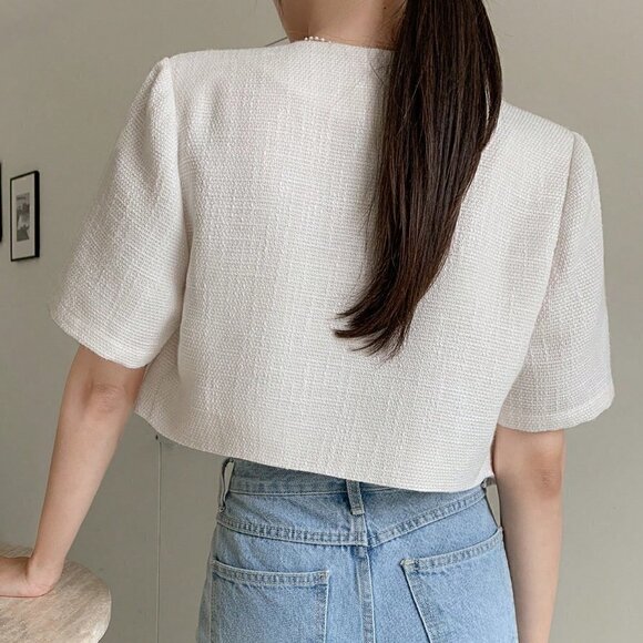 Beige Casual Women's Double Breasted Crop Blouse - Picture 2 of 5